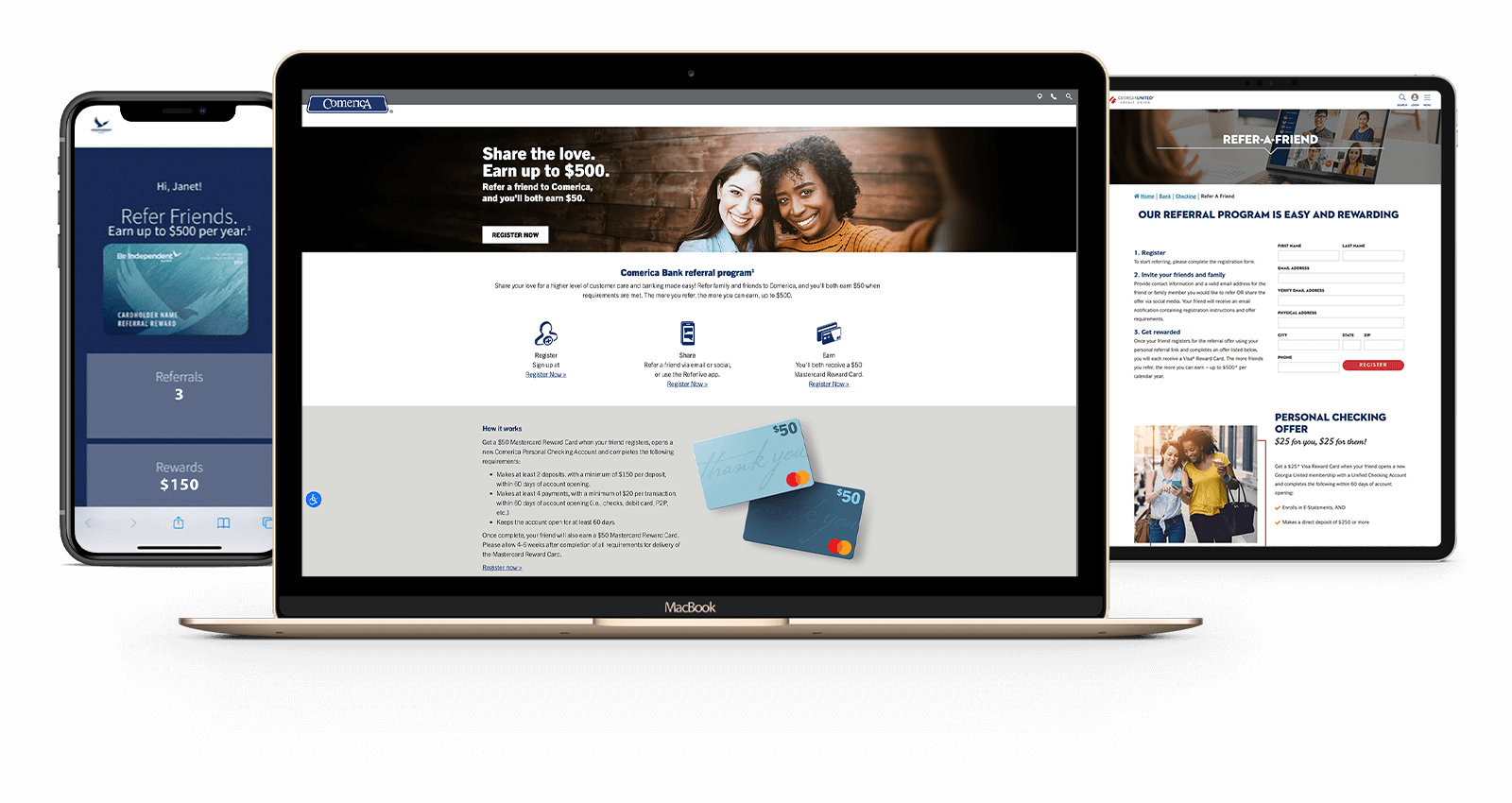 User devices showing ReferLive's Refer-a-Friend user experiences for sample financial institutions.