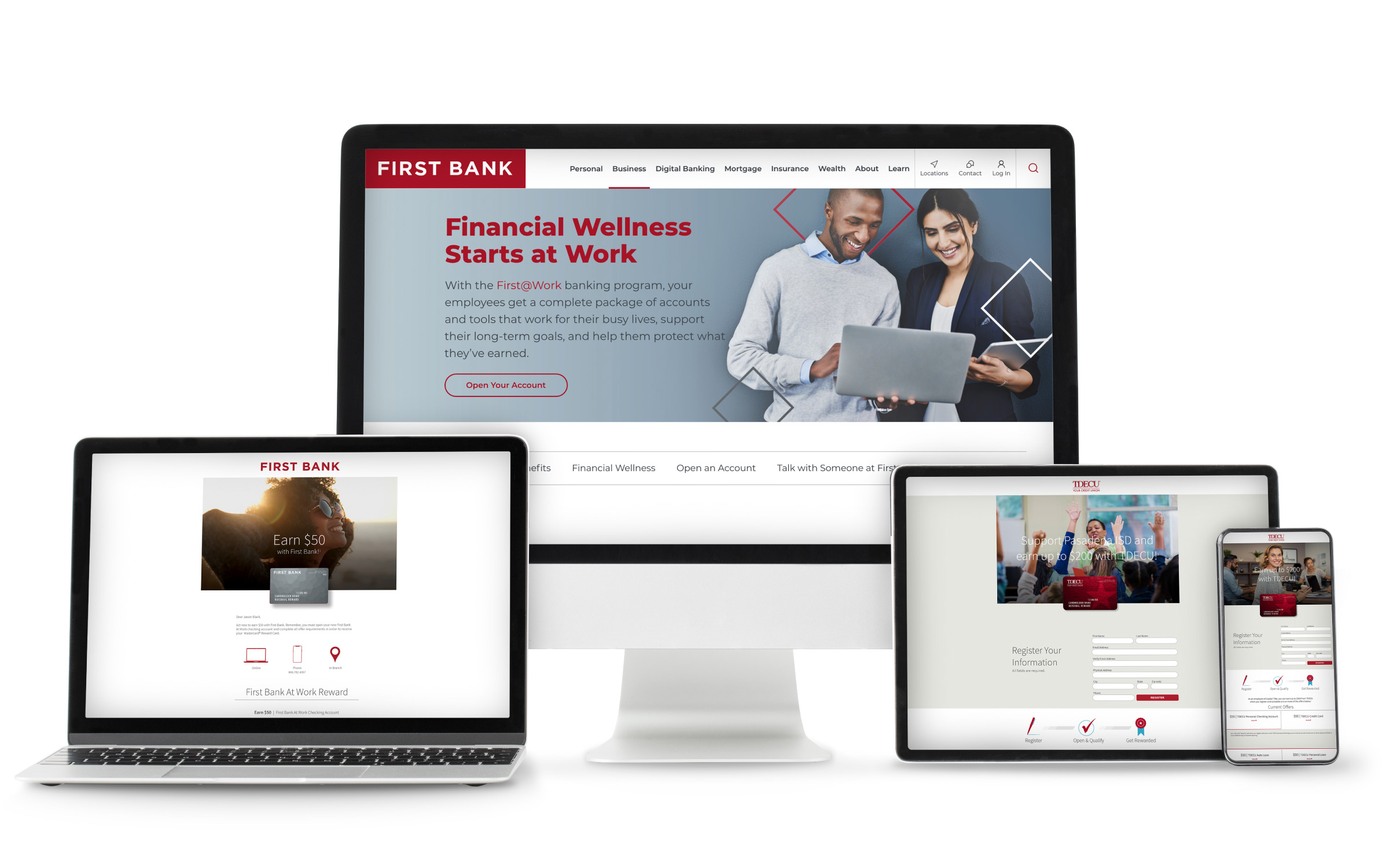 Devices showing responsive user experience for automated workplace banking incentive platform for banks and credit unions.