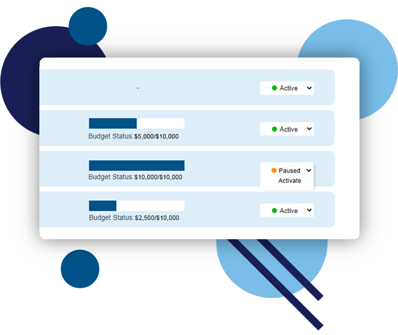 Image showing how to pause or activate existing incentive offers within the dynamic budget interface.